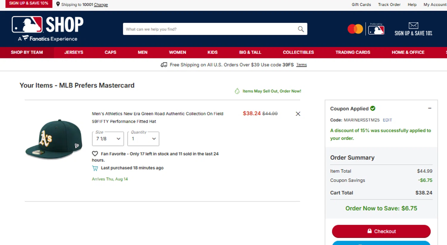 Oakland Athletics promo code screenshot showing code MARINERSSTM25 applied at Oakland Athletics checkout page. Uploaded by SimplyCodes community member Toundjiale on Aug 9, 2025