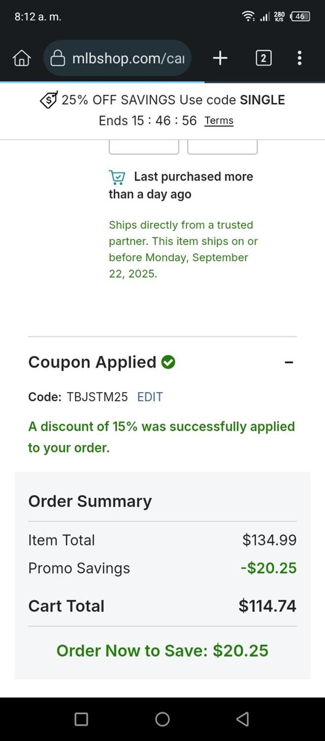 Oakland Athletics checkout page showing Oakland Athletics promo code box | Screenshot taken by SimplyCodes community member on Sep 10, 2025