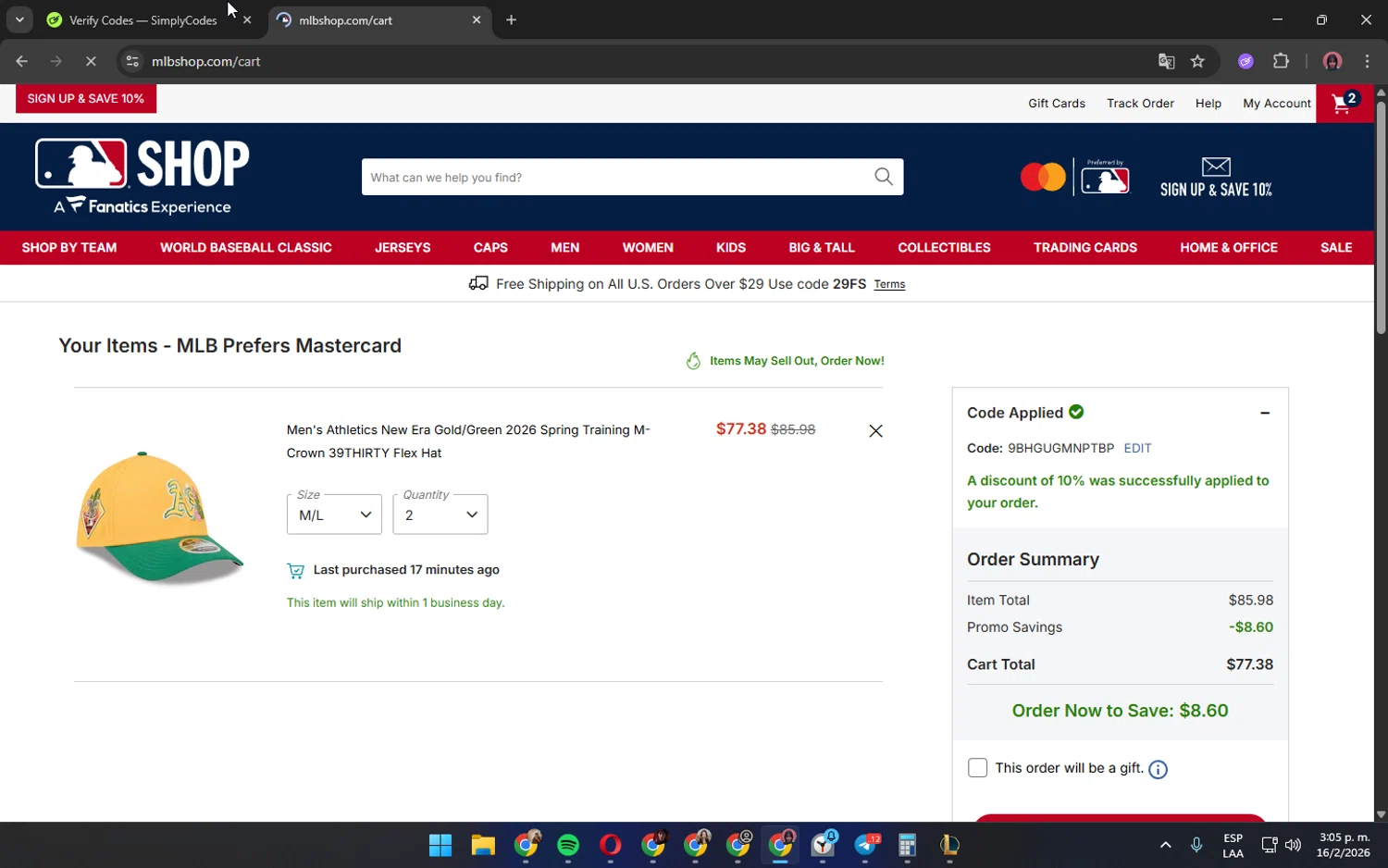 Oakland Athletics checkout page showing Oakland Athletics promo code box | Screenshot taken by SimplyCodes community member on Feb 16, 2026
