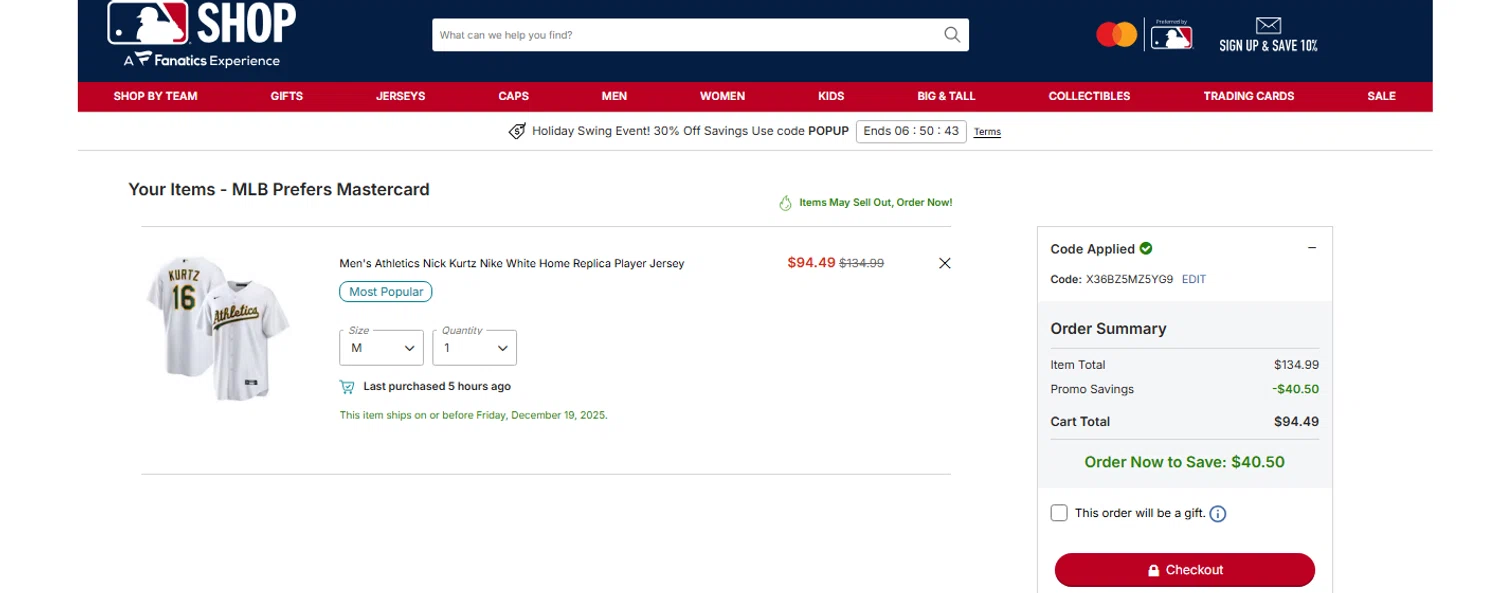 Oakland Athletics promo code screenshot showing code X36BZ5MZ5YG9 applied at Oakland Athletics checkout page. Uploaded by SimplyCodes community member OnlywM on Dec 18, 2025