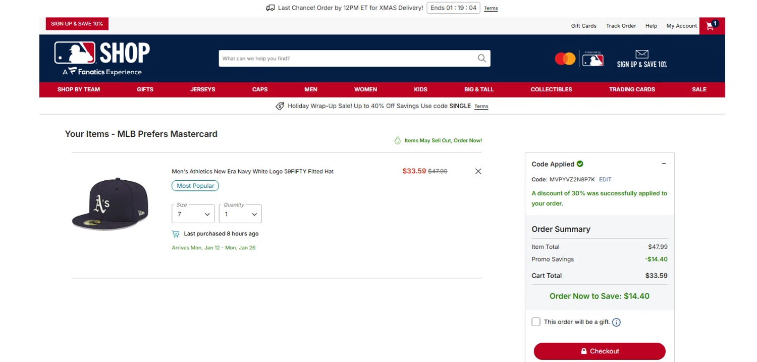 Oakland Athletics promo code screenshot showing code MVPYVZ2N8P7K applied at Oakland Athletics checkout page. Uploaded by SimplyCodes community member OnlywM on Dec 22, 2025
