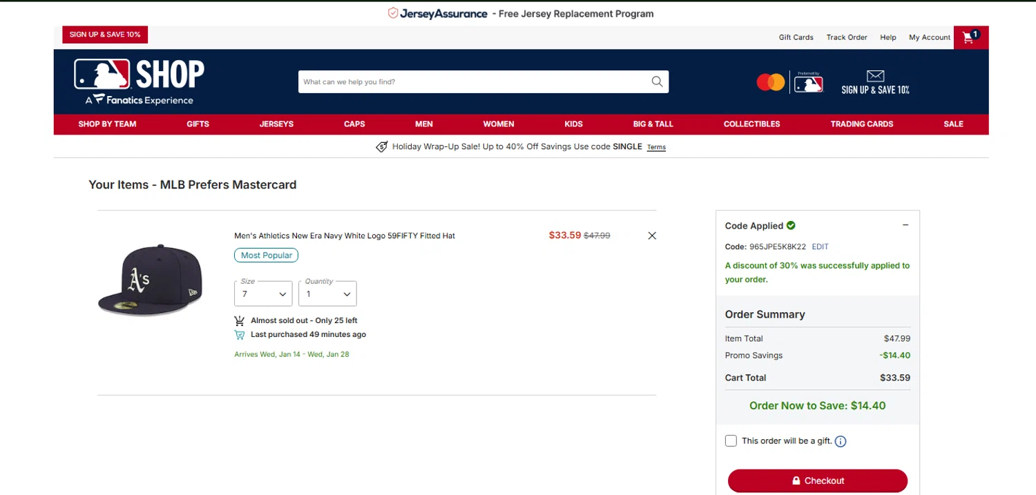 Oakland Athletics promo code screenshot showing code 965JPE5K8K22 applied at Oakland Athletics checkout page. Uploaded by SimplyCodes community member OnlywM on Dec 26, 2025