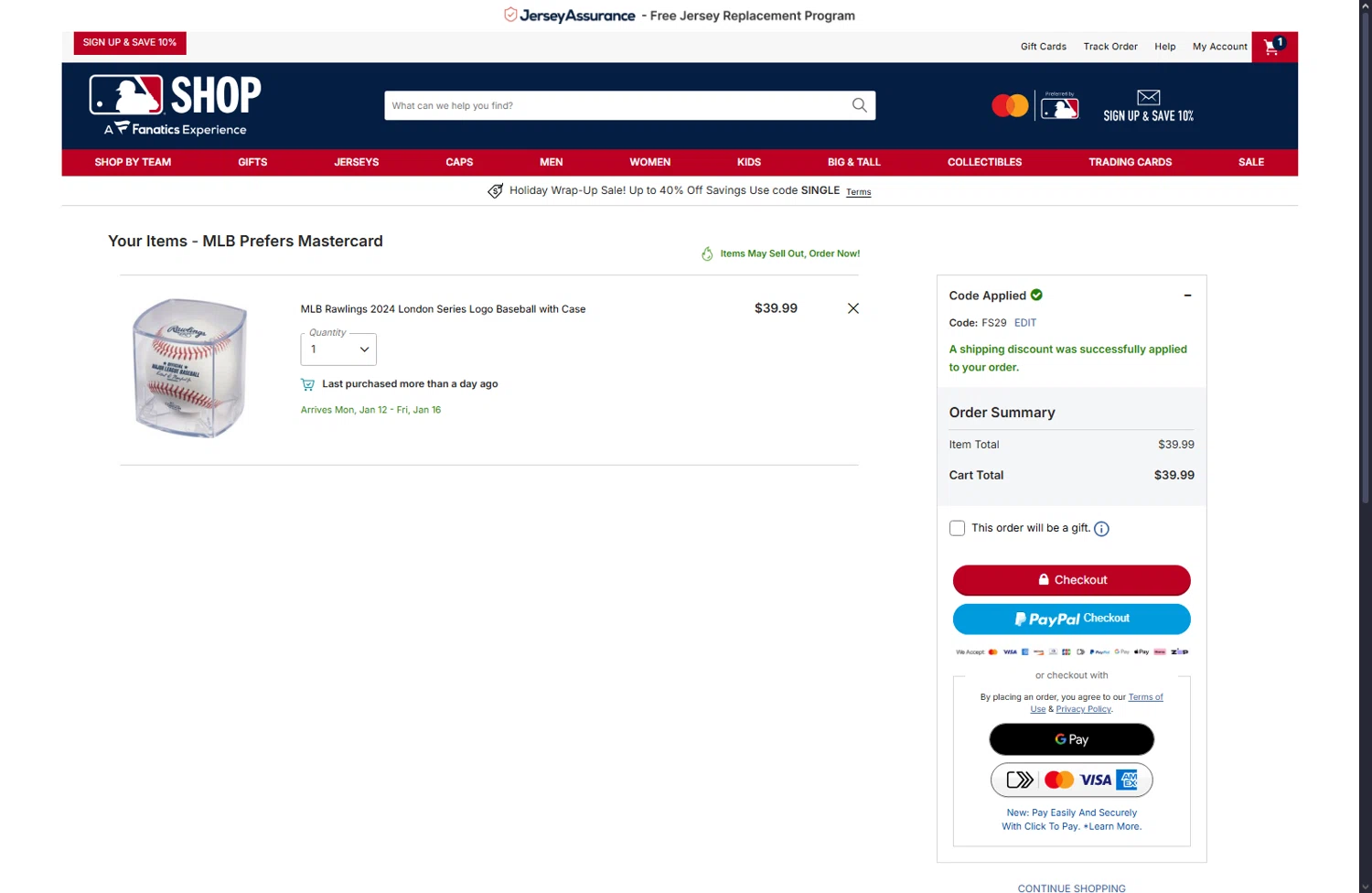 Oakland Athletics promo code screenshot showing code FS29 applied at Oakland Athletics checkout page. Uploaded by SimplyCodes community member User404 on Dec 26, 2025
