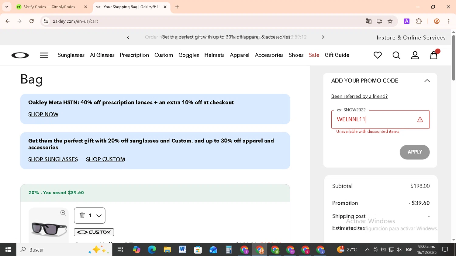 Oakley promo code screenshot showing code WELNNL11 applied at Oakley checkout page. Uploaded by SimplyCodes community member RebateCollector5909 on Dec 16, 2025