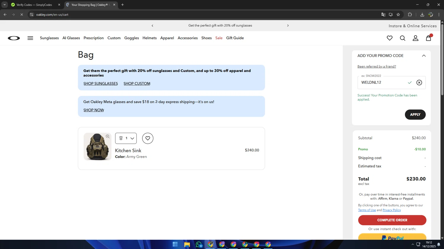 Oakley checkout page showing Oakley promo code box | Screenshot taken by SimplyCodes community member on Dec 15, 2025