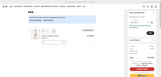 Oakley checkout page showing Oakley promo code box | Screenshot taken by SimplyCodes community member on Sep 1, 2025