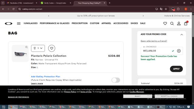 Oakley checkout page showing Oakley promo code box | Screenshot taken by SimplyCodes community member on Sep 17, 2025
