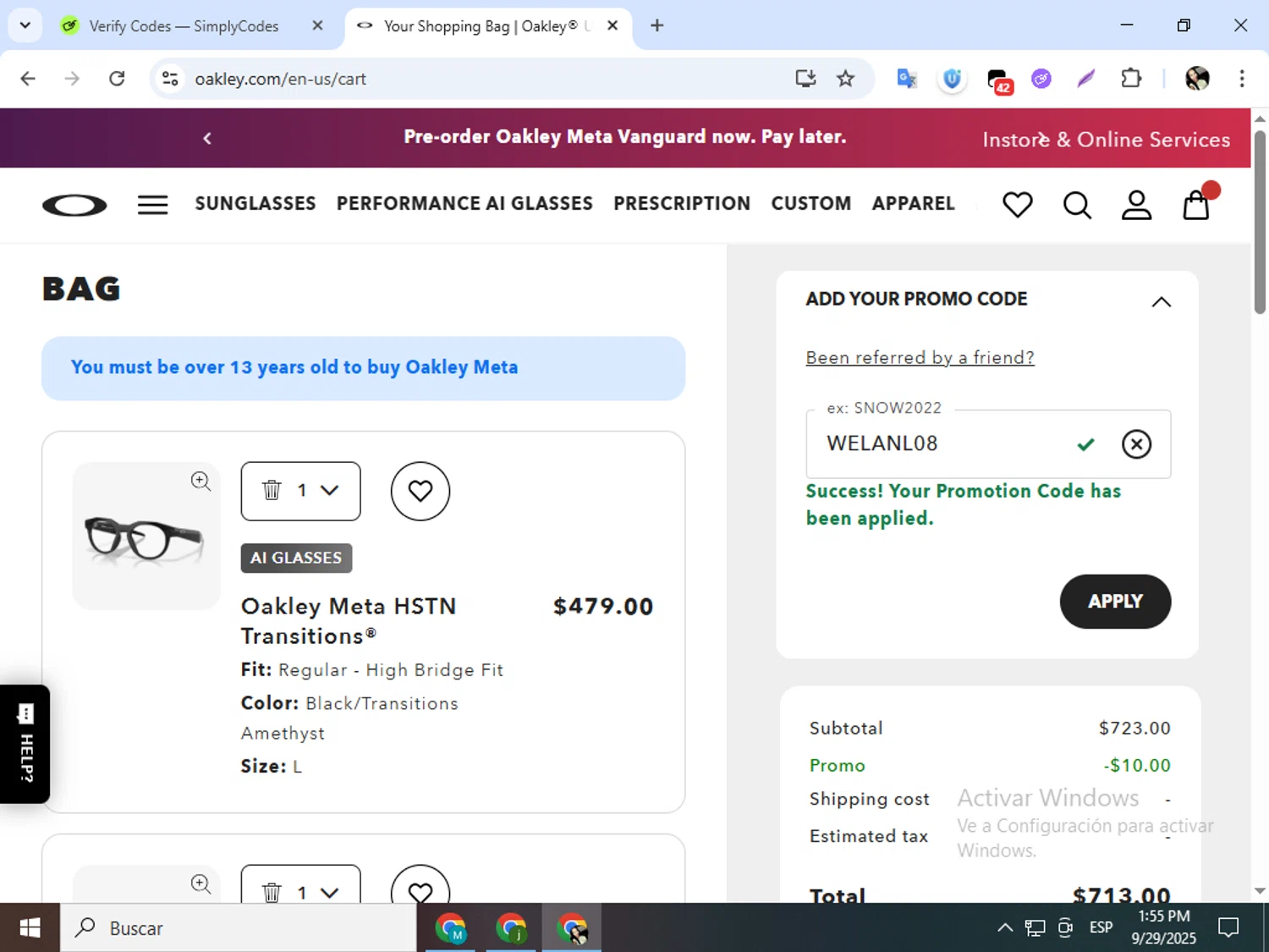 Oakley promo code screenshot showing code WELANL08 applied at Oakley checkout page. Uploaded by SimplyCodes community member mariapolancog on Sep 29, 2025