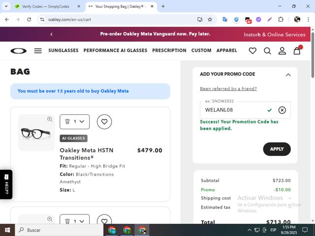 Oakley checkout page showing Oakley promo code box | Screenshot taken by SimplyCodes community member on Sep 29, 2025