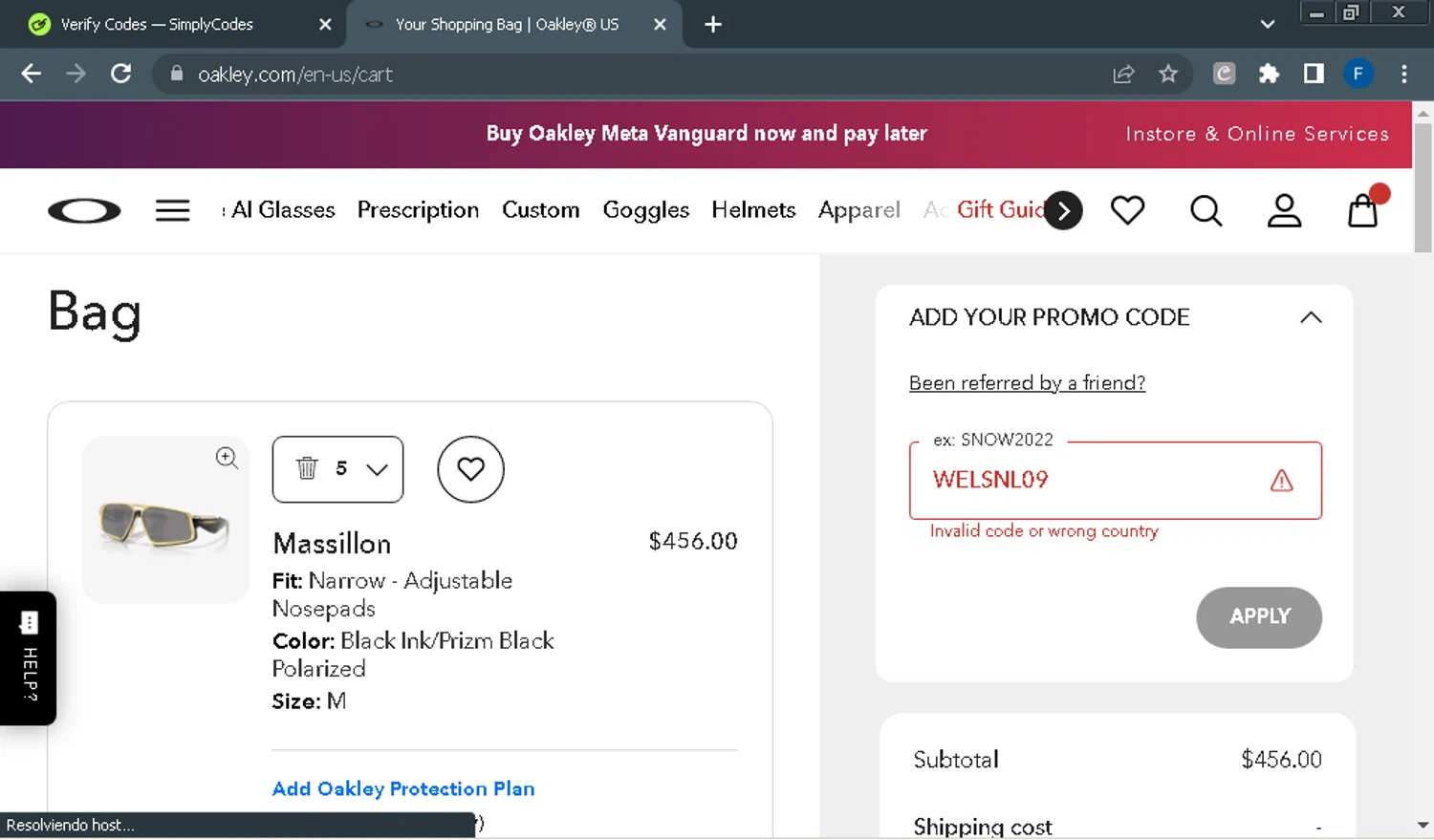 Oakley promo code screenshot showing code WELSNL09 applied at Oakley checkout page. Uploaded by SimplyCodes community member Fraimer on Nov 5, 2025