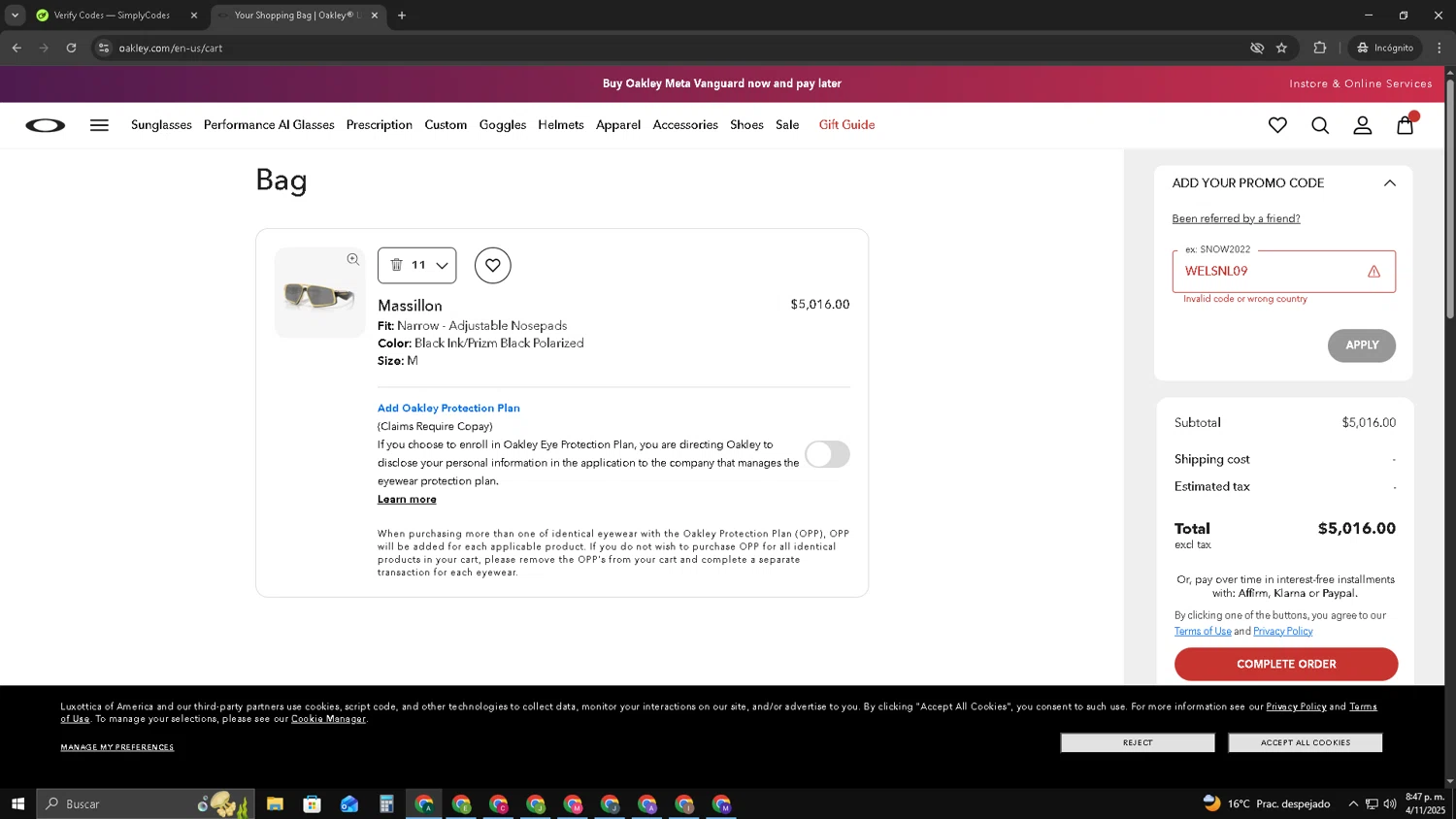 Oakley promo code screenshot showing code WELSNL09 applied at Oakley checkout page. Uploaded by SimplyCodes community member HAOJIN on Nov 5, 2025