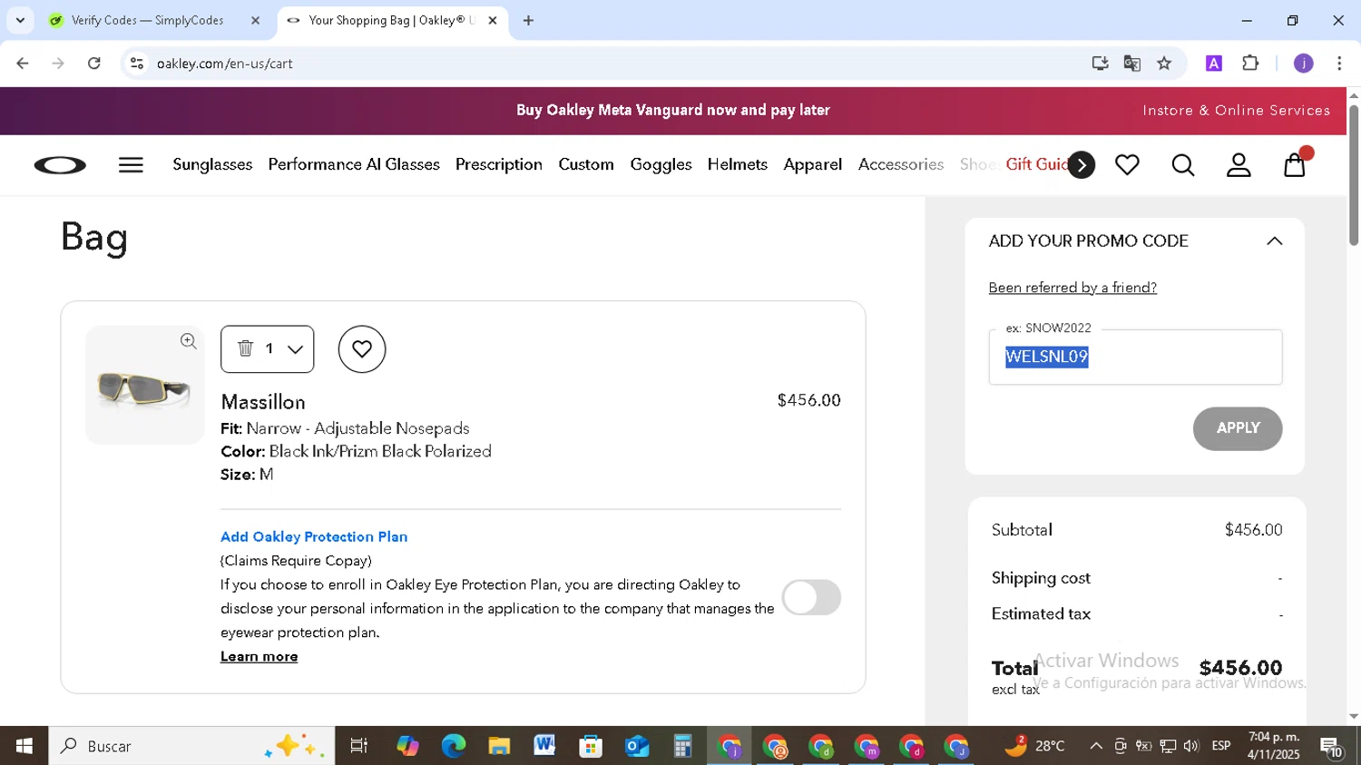 Oakley promo code screenshot showing code WELSNL09 applied at Oakley checkout page. Uploaded by SimplyCodes community member TAZ2024 on Nov 4, 2025
