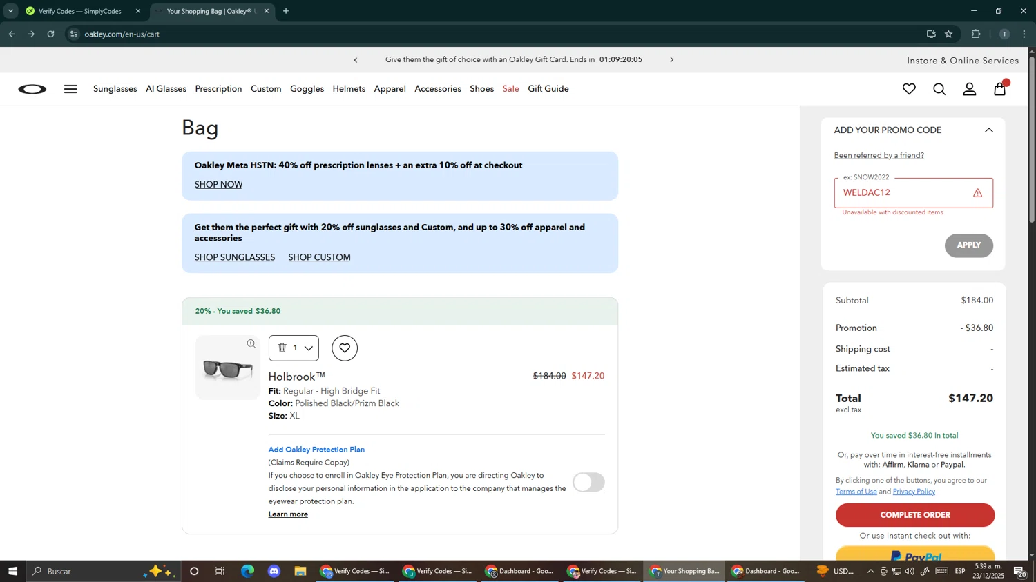 Oakley promo code screenshot showing code WELDAC12 applied at Oakley checkout page. Uploaded by SimplyCodes community member Makemusic on Dec 23, 2025