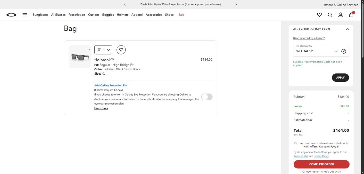 Oakley checkout page showing Oakley promo code box | Screenshot taken by SimplyCodes community member on Jan 20, 2026