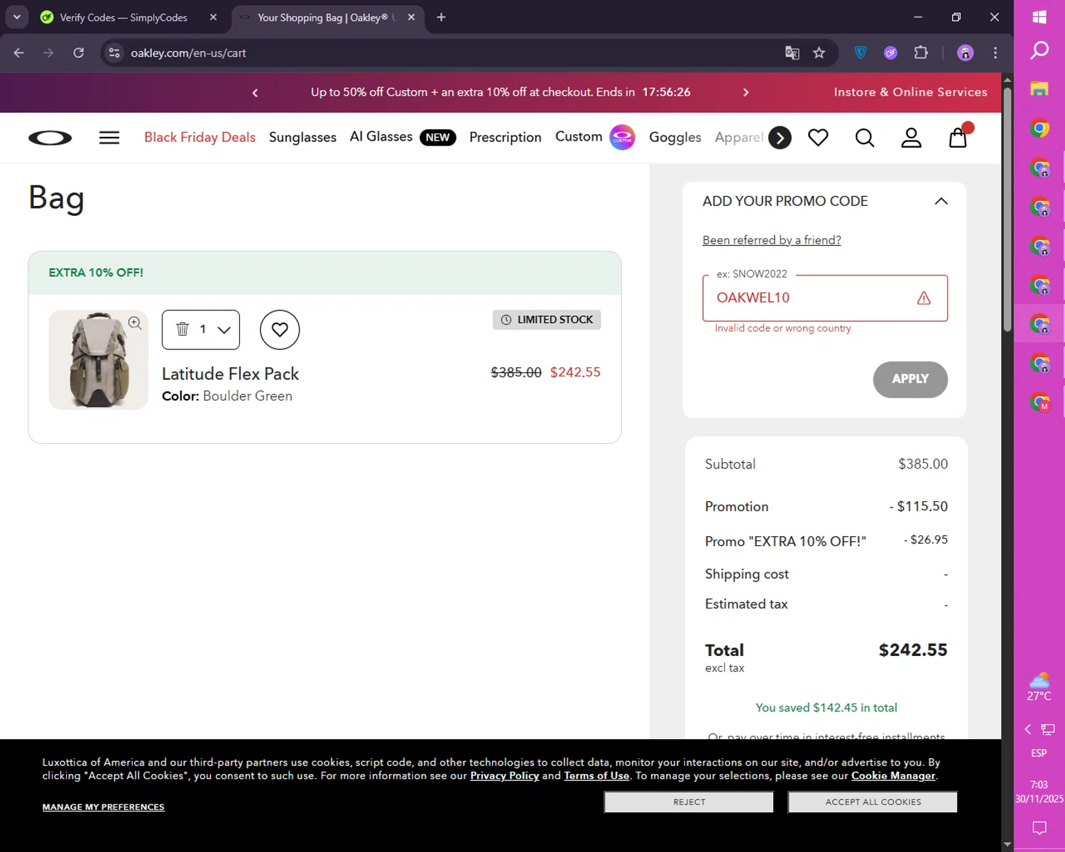 Oakley promo code screenshot showing code OAKWEL10 applied at Oakley checkout page. Uploaded by SimplyCodes community member FortunateScholar4524 on Nov 30, 2025