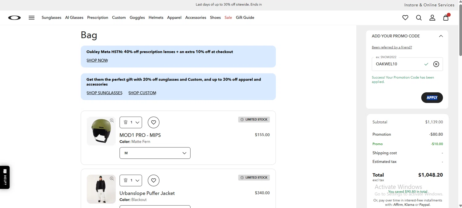 Oakley promo code screenshot showing code OAKWEL10 applied at Oakley checkout page. Uploaded by SimplyCodes community member HoneyJean on Dec 27, 2025