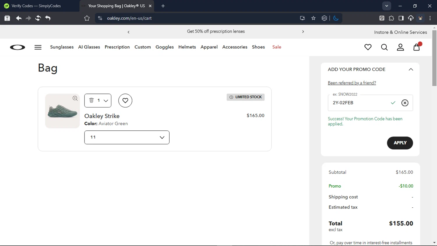 Oakley promo code screenshot showing code 2Y-02FEB applied at Oakley checkout page. Uploaded by SimplyCodes community member BrilliantTitan6909 on Feb 19, 2026