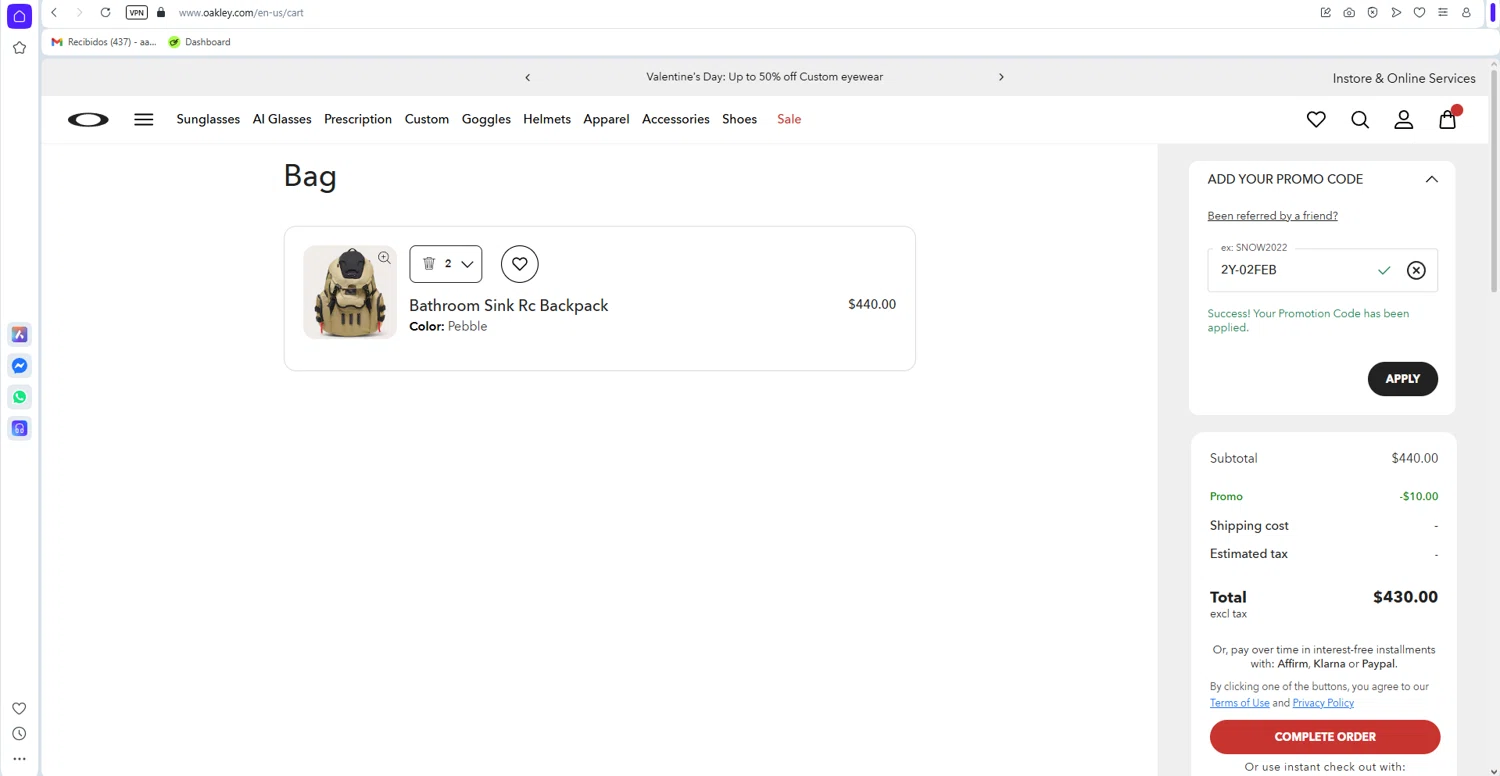 Oakley checkout page showing Oakley promo code box | Screenshot taken by SimplyCodes community member on Feb 10, 2026