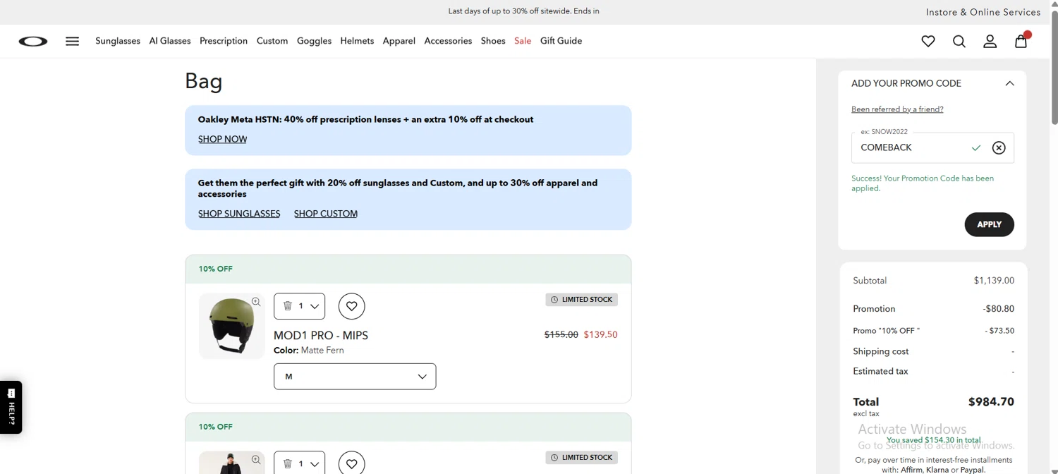 Oakley promo code screenshot showing code COMEBACK applied at Oakley checkout page. Uploaded by SimplyCodes community member HoneyJean on Dec 27, 2025