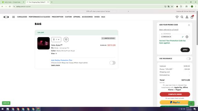 Oakley checkout page showing Oakley promo code box | Screenshot taken by SimplyCodes community member on Sep 13, 2025
