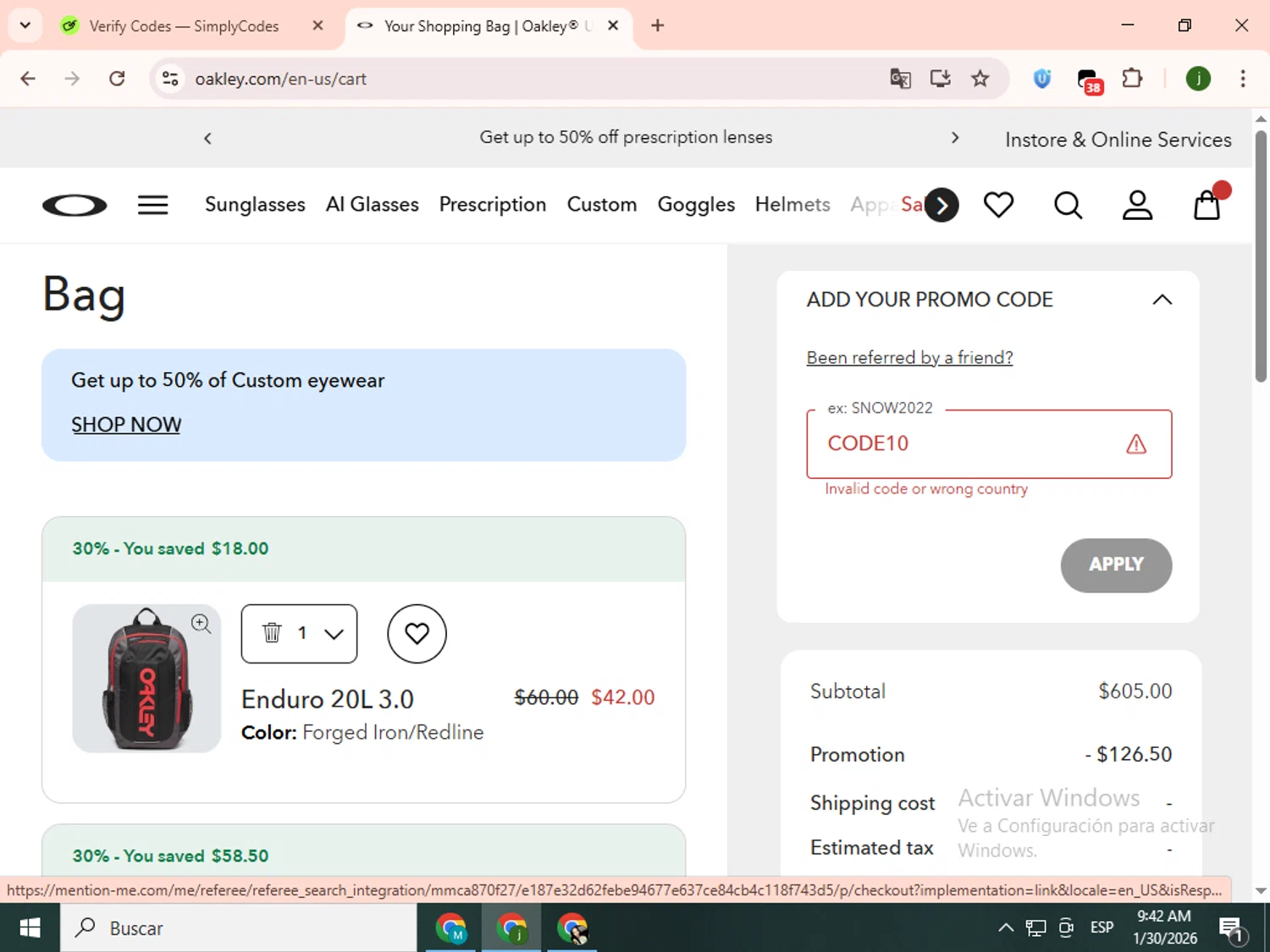 Oakley promo code screenshot showing code CODE10 applied at Oakley checkout page. Uploaded by SimplyCodes community member SavingsCollector2592 on Jan 30, 2026