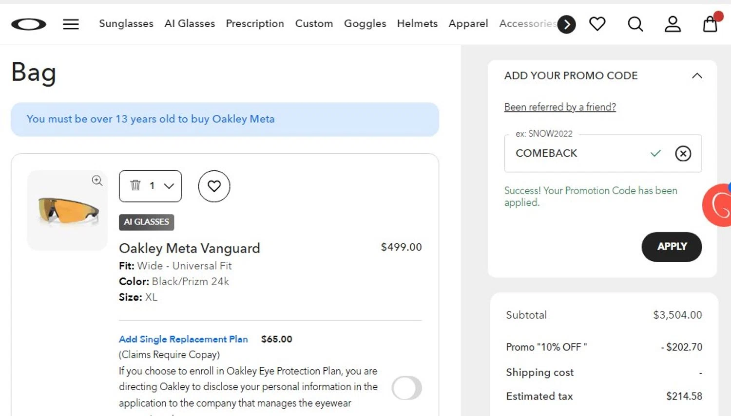 Oakley promo code screenshot showing code COMEBACK applied at Oakley checkout page. Uploaded by SimplyCodes community member Elcompa on Dec 14, 2025