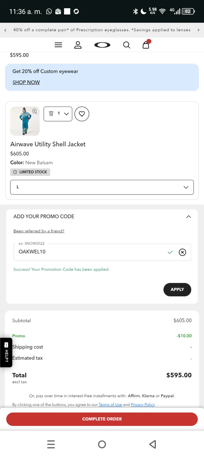Oakley promo code screenshot showing code OAKWEL10 applied at Oakley checkout page. Uploaded by SimplyCodes community member Eltoro20 on Dec 2, 2025