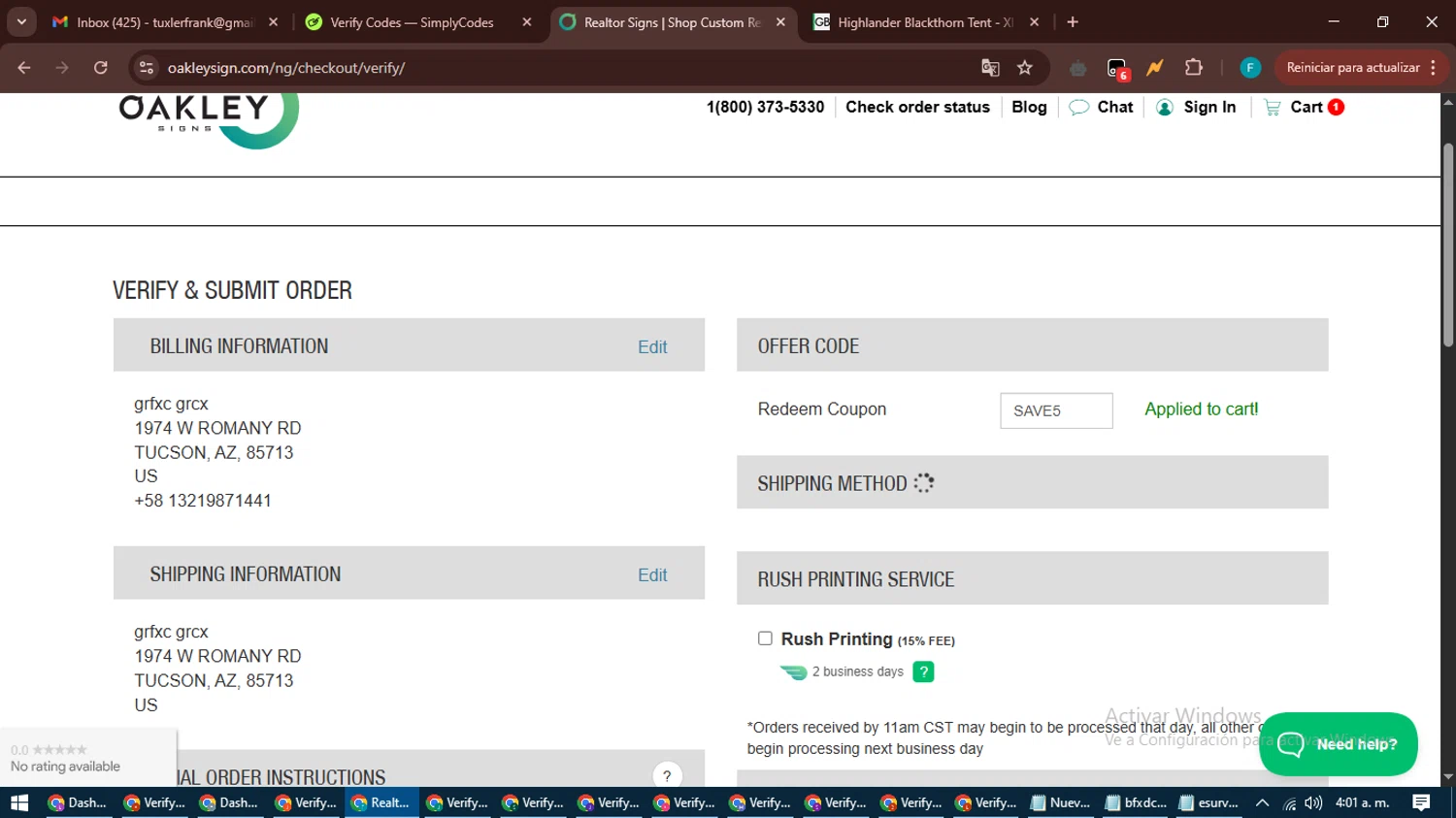 Oakley Signs & Graphics coupon code screenshot showing code SAVE5 applied at Oakley Signs & Graphics checkout page. Uploaded by SimplyCodes community member ShrewdTitan3233 on May 18, 2025