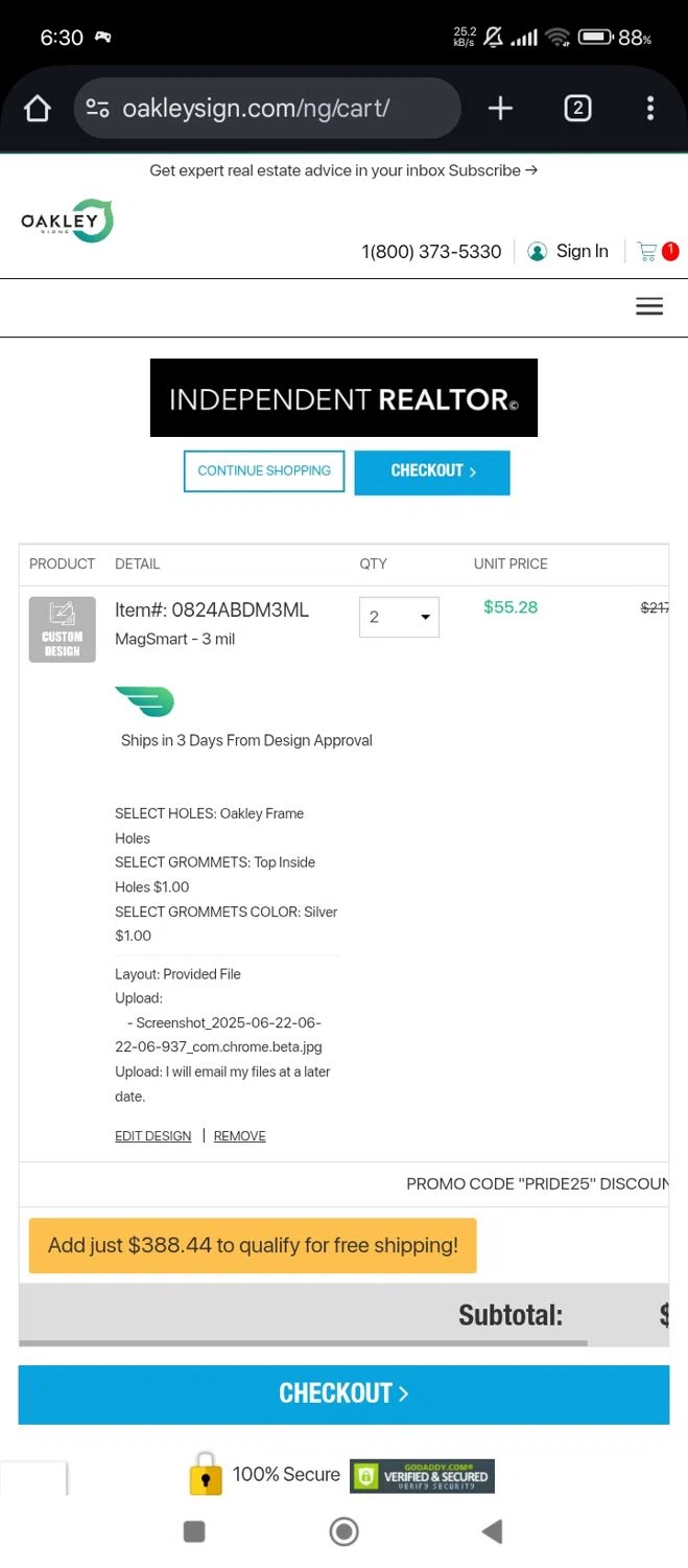 Oakley Signs & Graphics coupon code screenshot showing code 30OFF applied at Oakley Signs & Graphics checkout page. Uploaded by SimplyCodes community member RebateShopper5497 on Jun 22, 2025