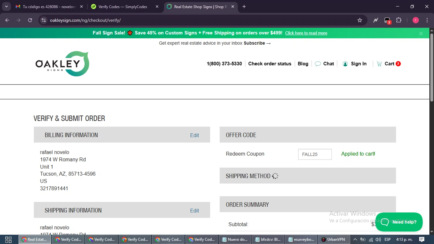 Oakley Signs & Graphics checkout page showing Oakley Signs & Graphics coupon code box | Screenshot taken by SimplyCodes community member on Oct 9, 2025