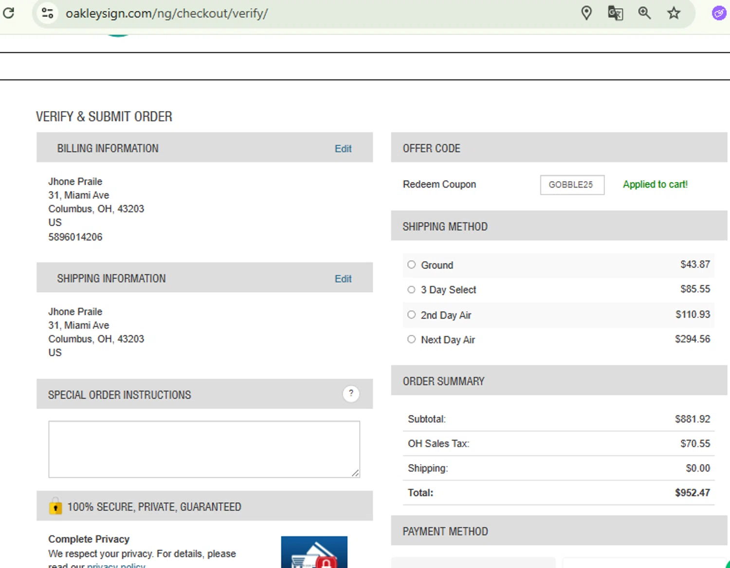 Oakley Signs & Graphics checkout page showing Oakley Signs & Graphics coupon code box | Screenshot taken by SimplyCodes community member on Nov 7, 2025