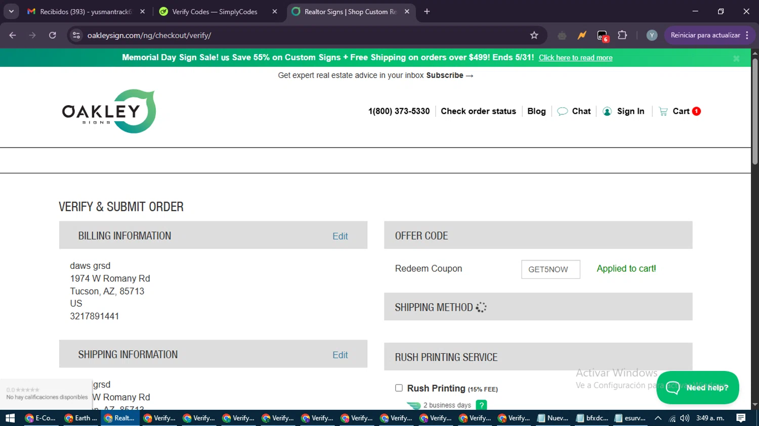 Oakley Signs & Graphics coupon code screenshot showing code GET5NOW applied at Oakley Signs & Graphics checkout page. Uploaded by SimplyCodes community member MoneyTiger5162 on May 18, 2025