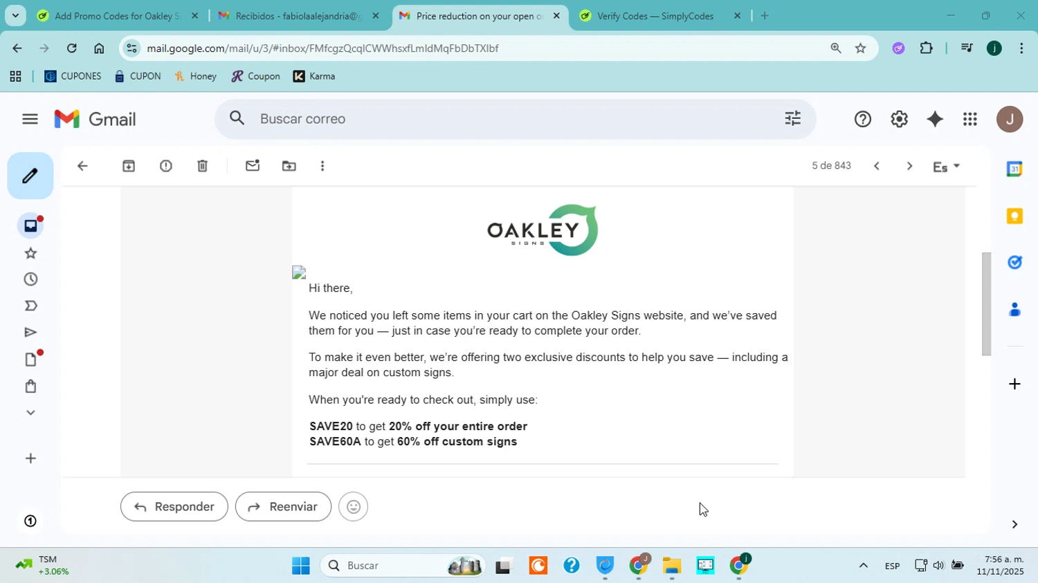 Oakley Signs & Graphics coupon code screenshot showing code SAVE60A applied at Oakley Signs & Graphics checkout page. Uploaded by SimplyCodes community member ABHF23 on Nov 11, 2025