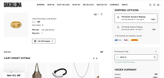 Oak & Luna checkout page showing Oak & Luna promo code box | Screenshot taken by SimplyCodes community member on Aug 27, 2025