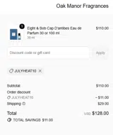 Oak Manor Fragrances coupon verification screenshot