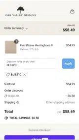 Oak Valley Designs coupon verification screenshot