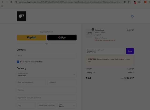Oakywood checkout page showing Oakywood discount code box | Screenshot taken by SimplyCodes community member on Aug 23, 2025