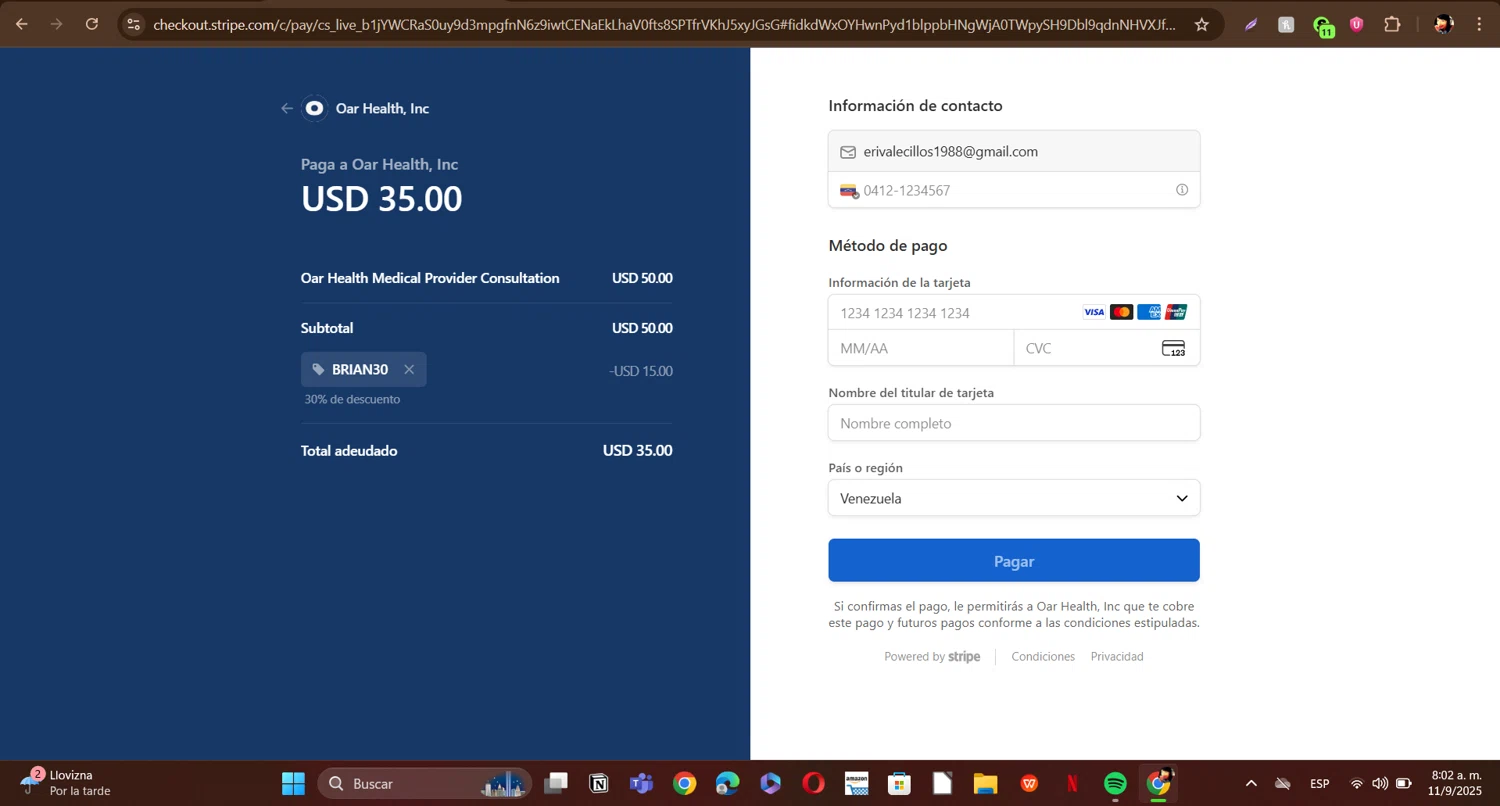 Oar Health promo code screenshot showing code BRIAN30 applied at Oar Health checkout page. Uploaded by SimplyCodes community member ERI0810 on Sep 11, 2025