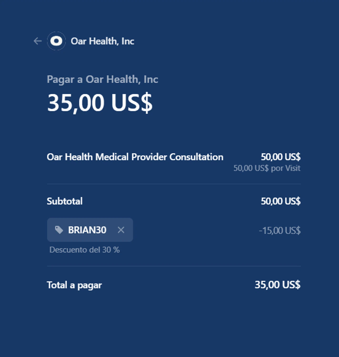 Oar Health promo code screenshot showing code BRIAN30 applied at Oar Health checkout page. Uploaded by SimplyCodes community member Nohely on Oct 10, 2025