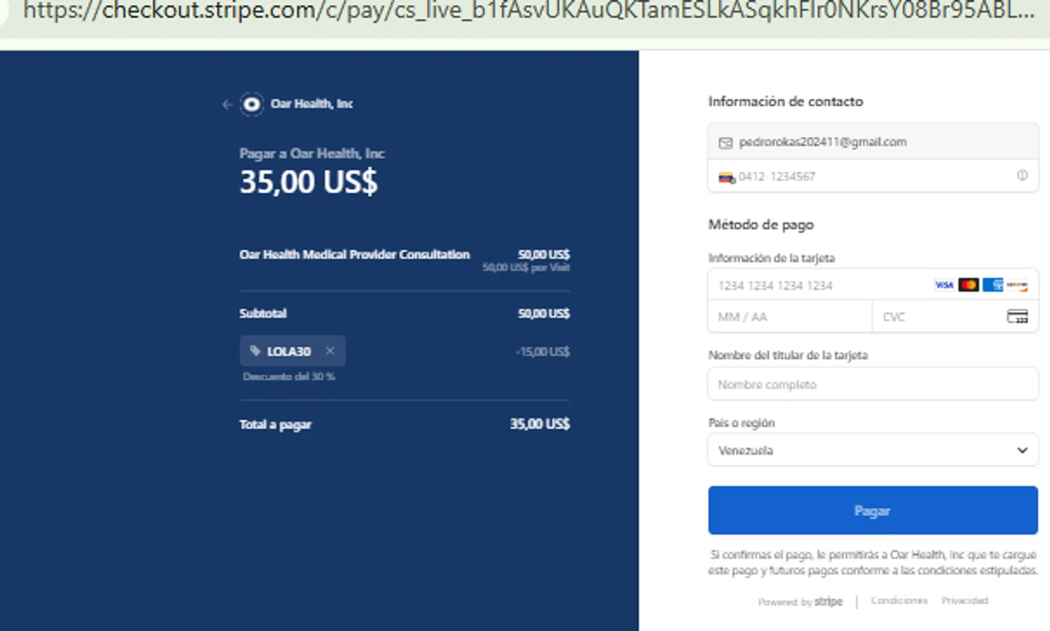 Oar Health promo code screenshot showing code LOLA30 applied at Oar Health checkout page. Uploaded by SimplyCodes community member RewardFinder4836 on Nov 8, 2025