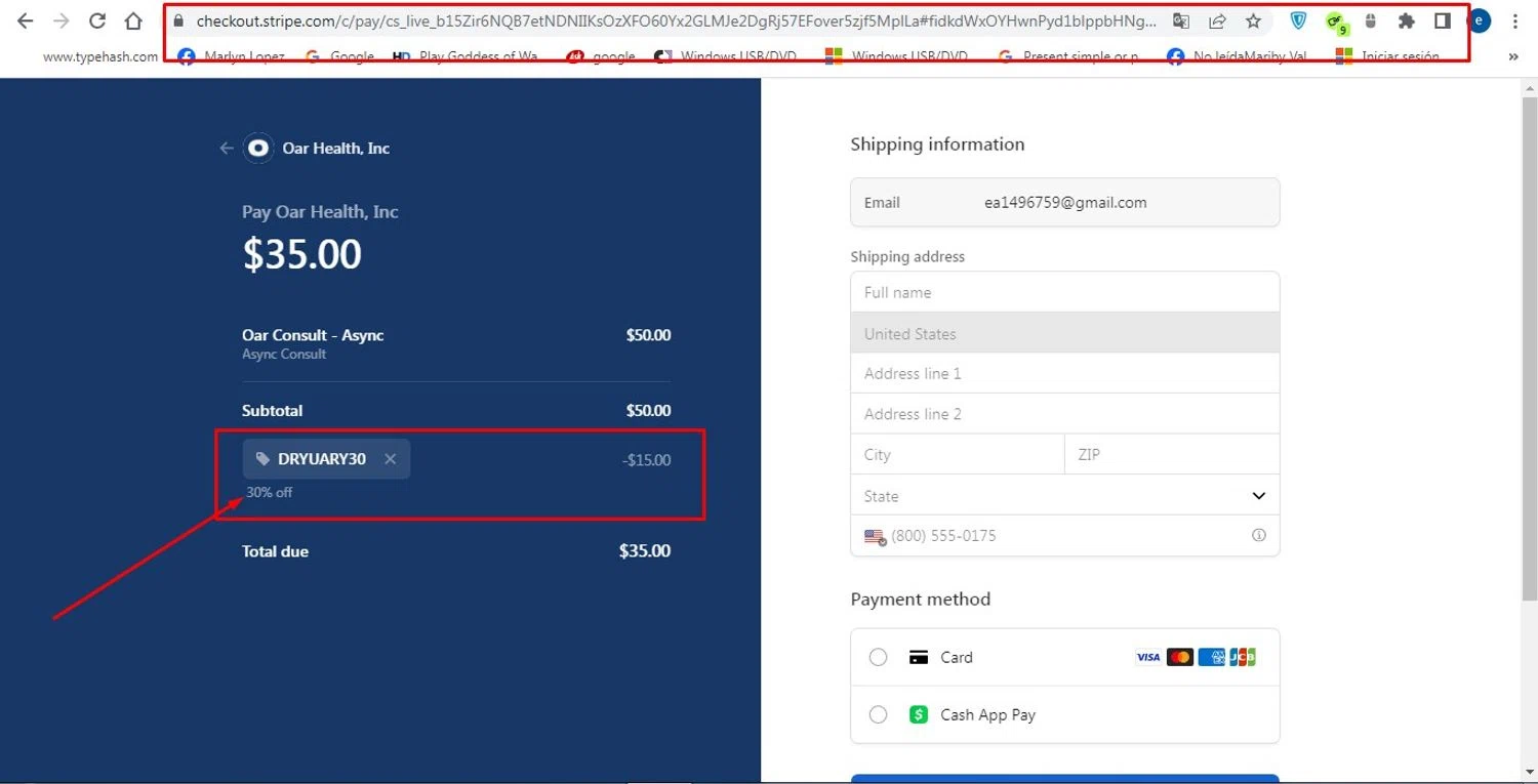 Oar Health promo code screenshot showing code DRYUARY30 applied at Oar Health checkout page. Uploaded by SimplyCodes community member victorchirino1 on Mar 24, 2025