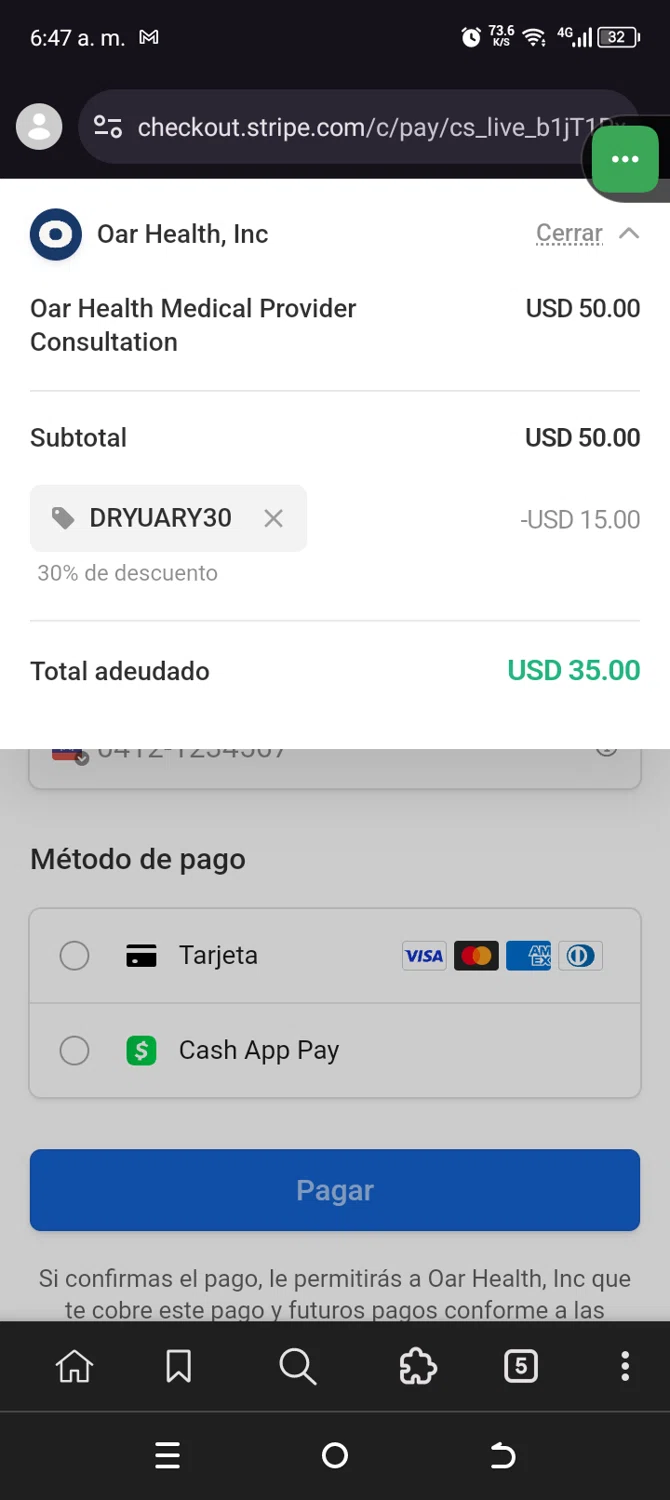Oar Health promo code screenshot showing code DRYUARY30 applied at Oar Health checkout page. Uploaded by SimplyCodes community member Sanchezcarol on Apr 22, 2025