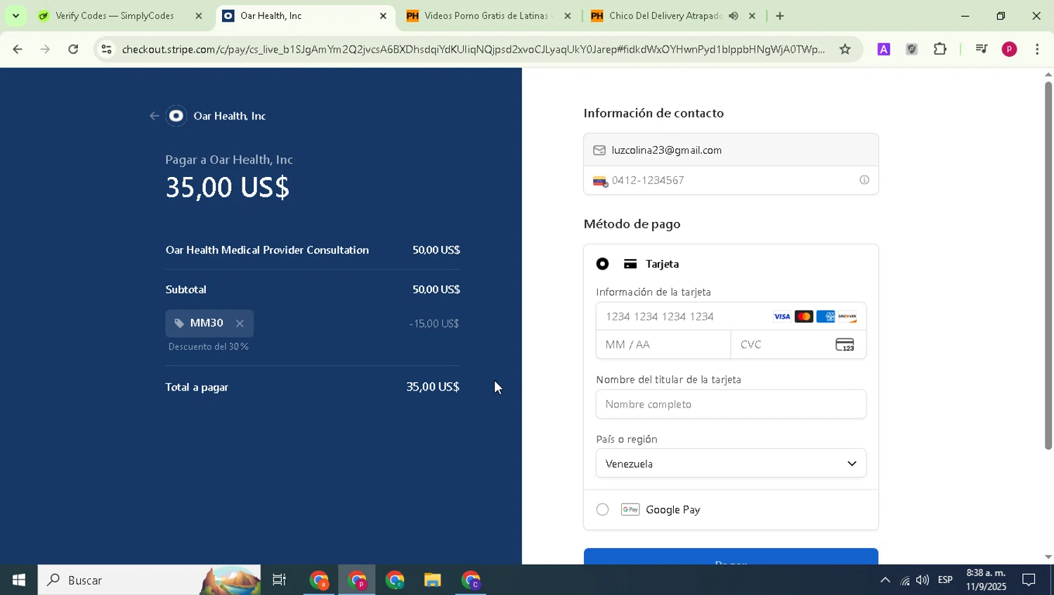 Oar Health promo code screenshot showing code MM30 applied at Oar Health checkout page. Uploaded by SimplyCodes community member Paul_Skenes on Sep 11, 2025