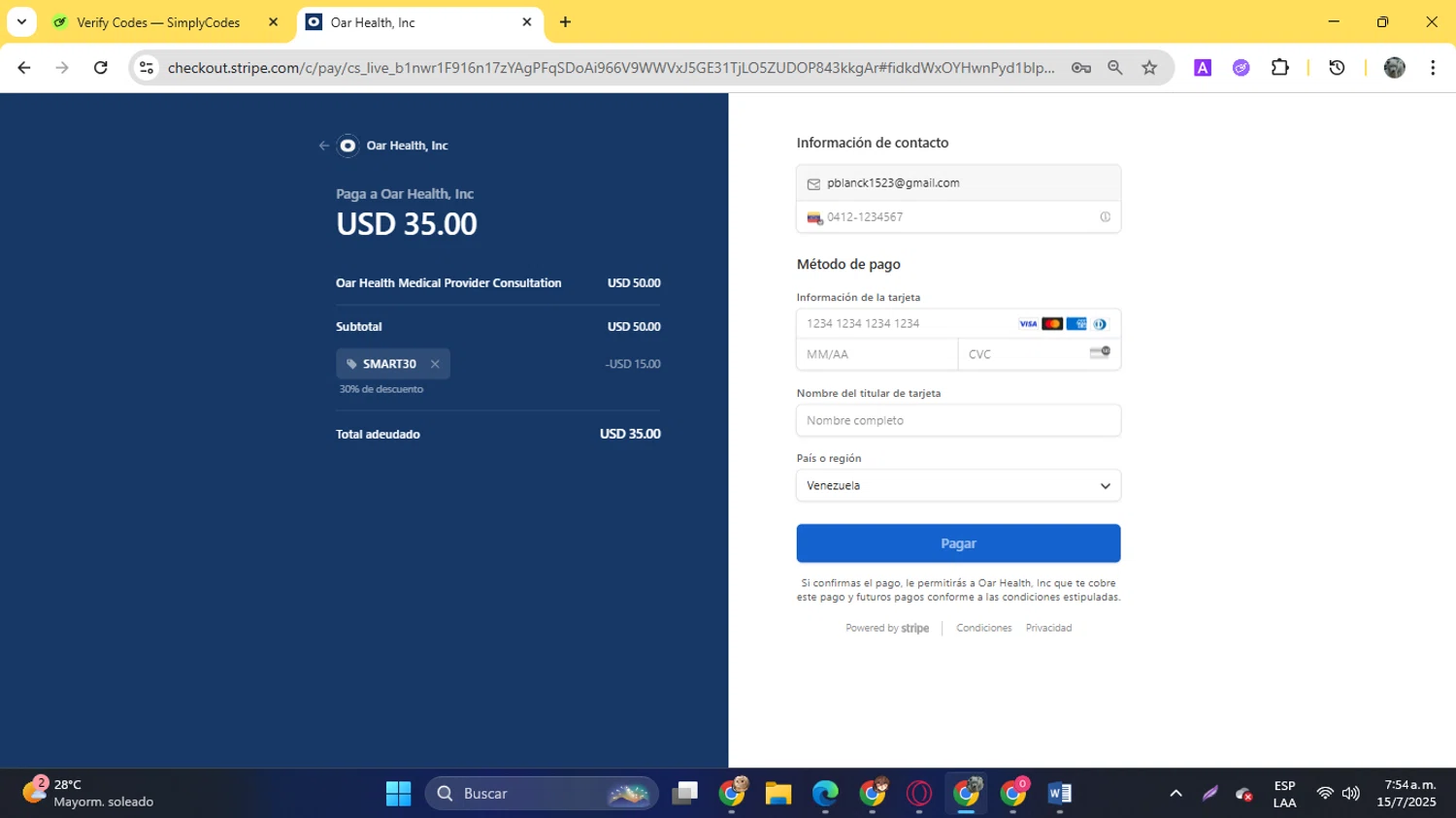 Oar Health promo code screenshot showing code SMART30 applied at Oar Health checkout page. Uploaded by SimplyCodes community member YunoMaria on Jul 15, 2025