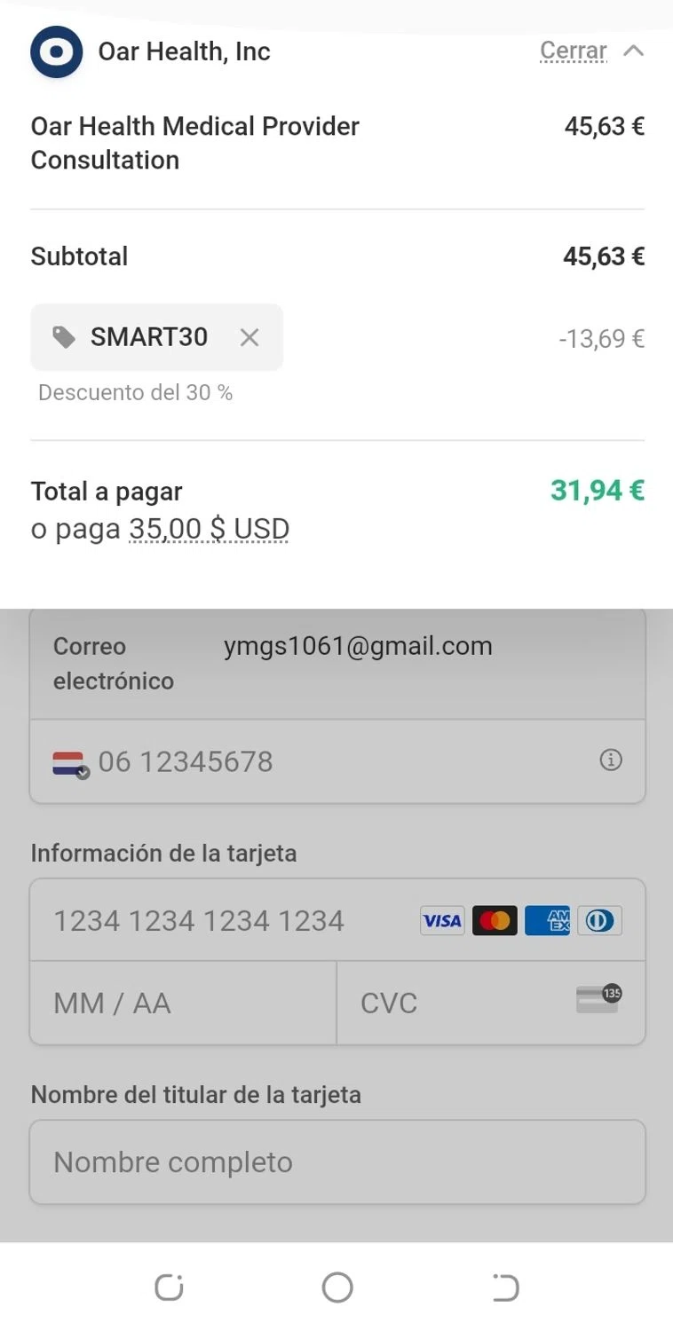 Oar Health promo code screenshot showing code SMART30 applied at Oar Health checkout page. Uploaded by SimplyCodes community member aguirremariagabriela on Apr 19, 2025