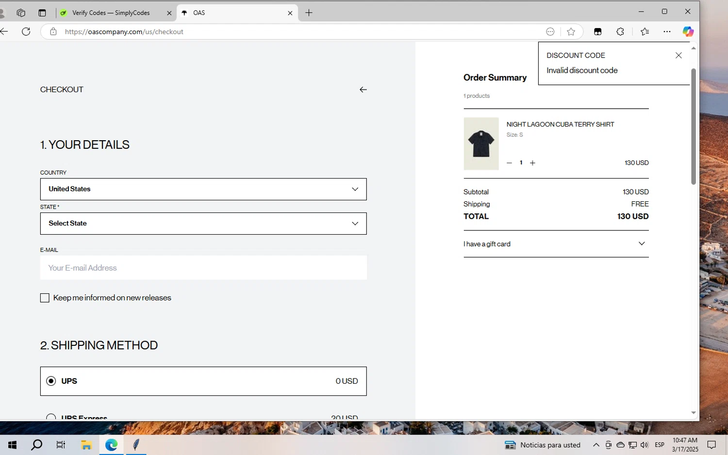 OAS Company discount code screenshot showing code RAY-OF-LIGHT applied at OAS Company checkout page. Uploaded by SimplyCodes community member GloriousWizard5474 on Mar 17, 2025