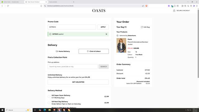 Oasis Clothing checkout page showing Oasis Clothing promo code box | Screenshot taken by SimplyCodes community member on Sep 8, 2025