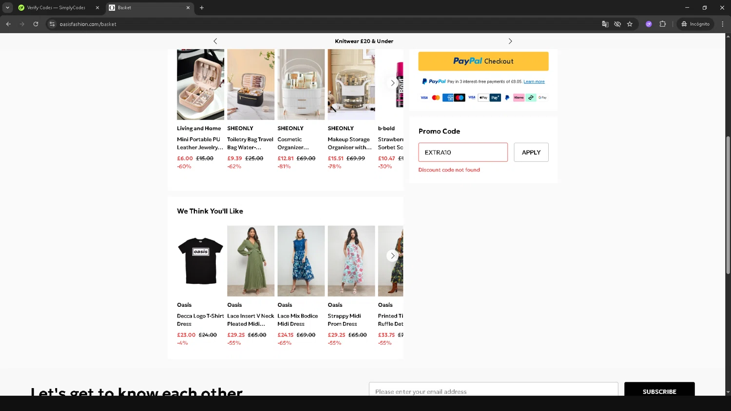 Oasis Clothing promo code screenshot showing code EXTRA10 applied at Oasis Clothing checkout page. Uploaded by SimplyCodes community member CRF250CC on Nov 27, 2025