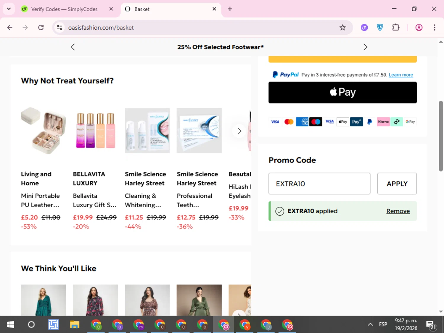 Oasis Clothing promo code screenshot showing code EXTRA10 applied at Oasis Clothing checkout page. Uploaded by SimplyCodes community member QuestCurator1644 on Feb 20, 2026