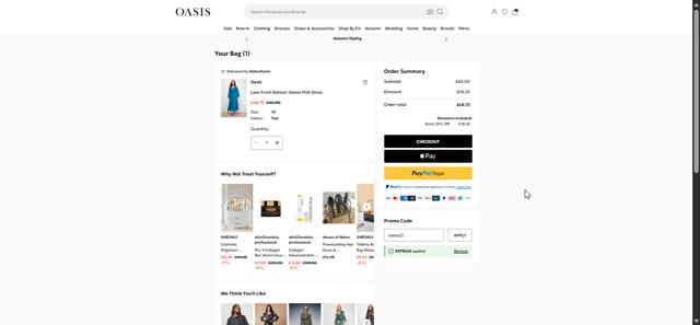 Oasis Clothing checkout page showing Oasis Clothing promo code box | Screenshot taken by SimplyCodes community member on Oct 6, 2025